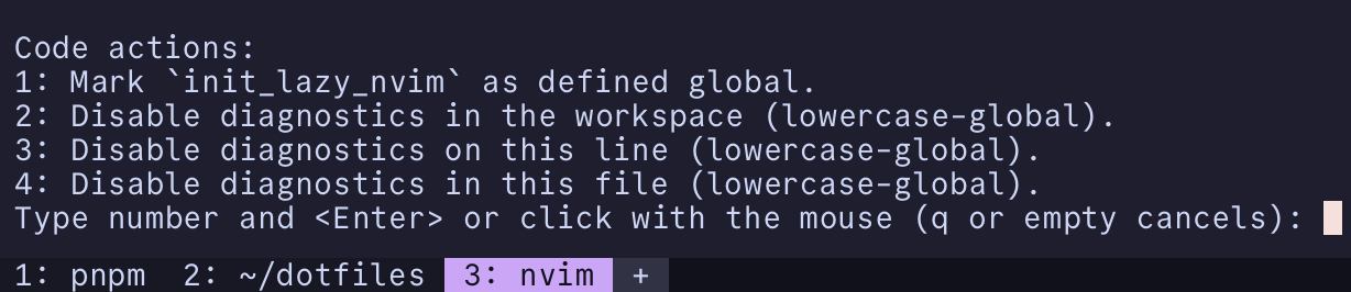 Screenshot of neovim's default selection ui