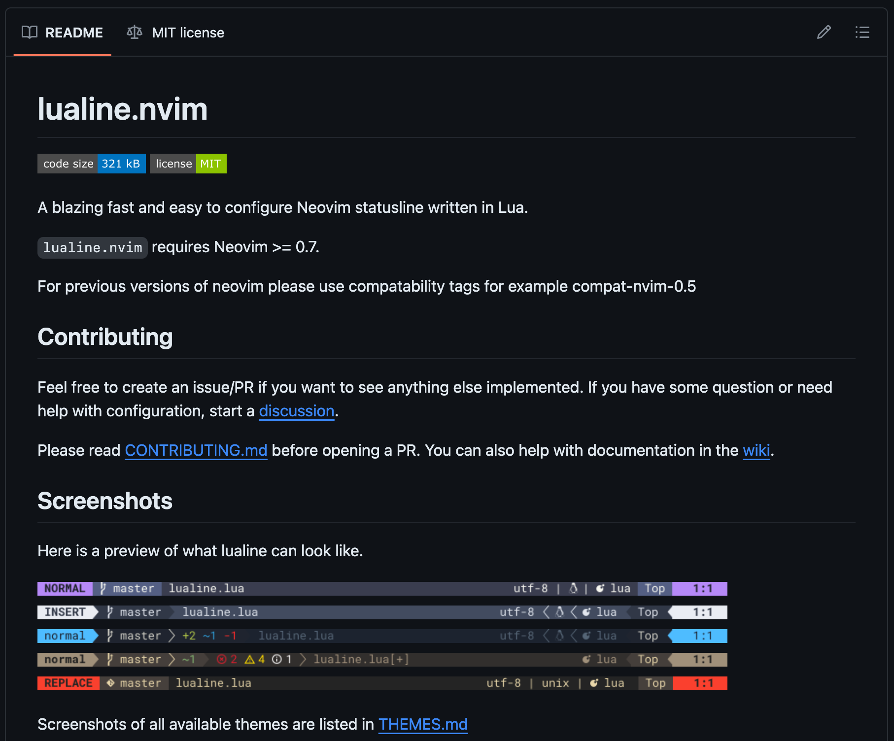 Screenshot of LuaLine's README