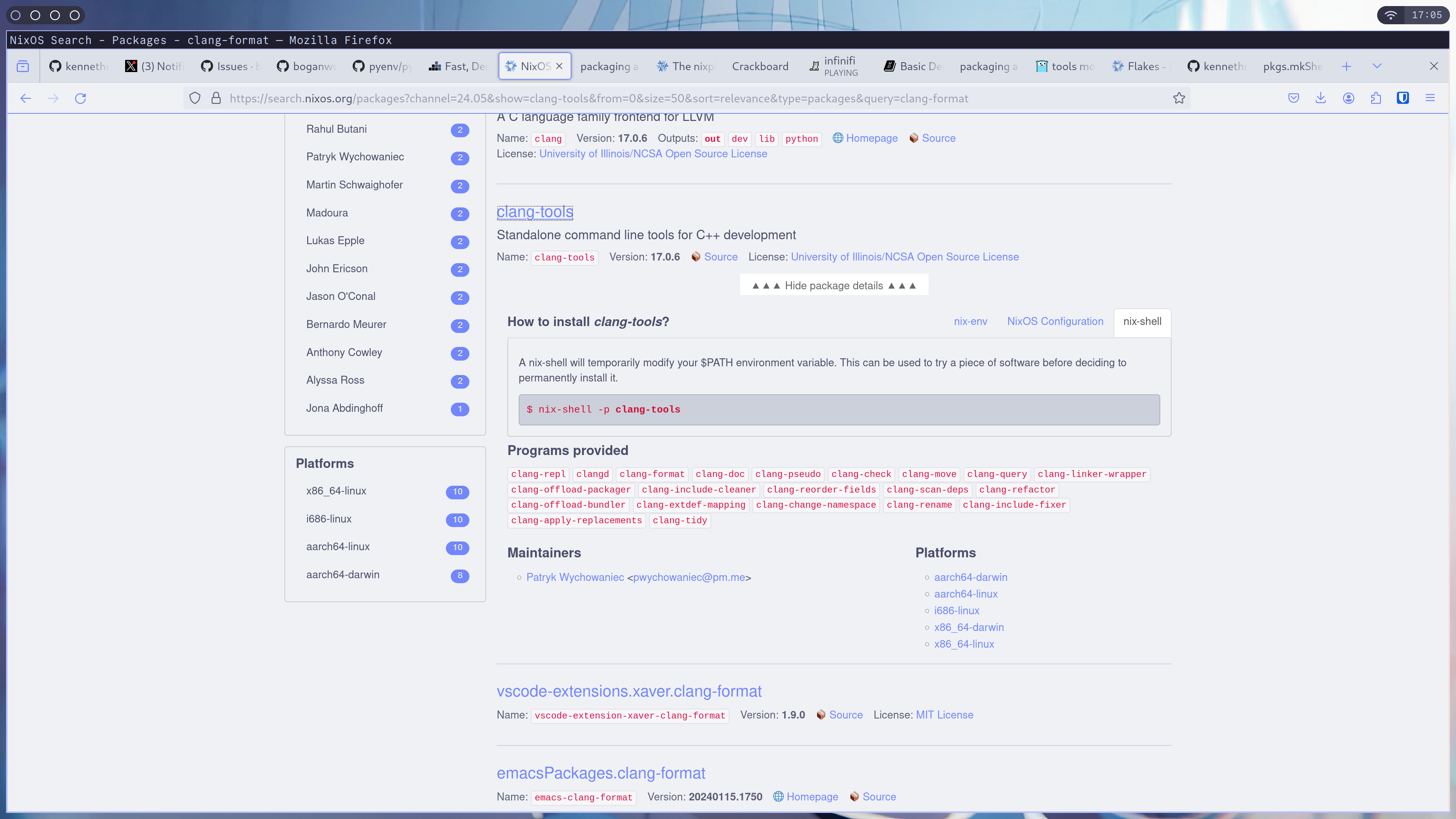 search results for "clang-format" showing the expanded entry for the clang-tools package