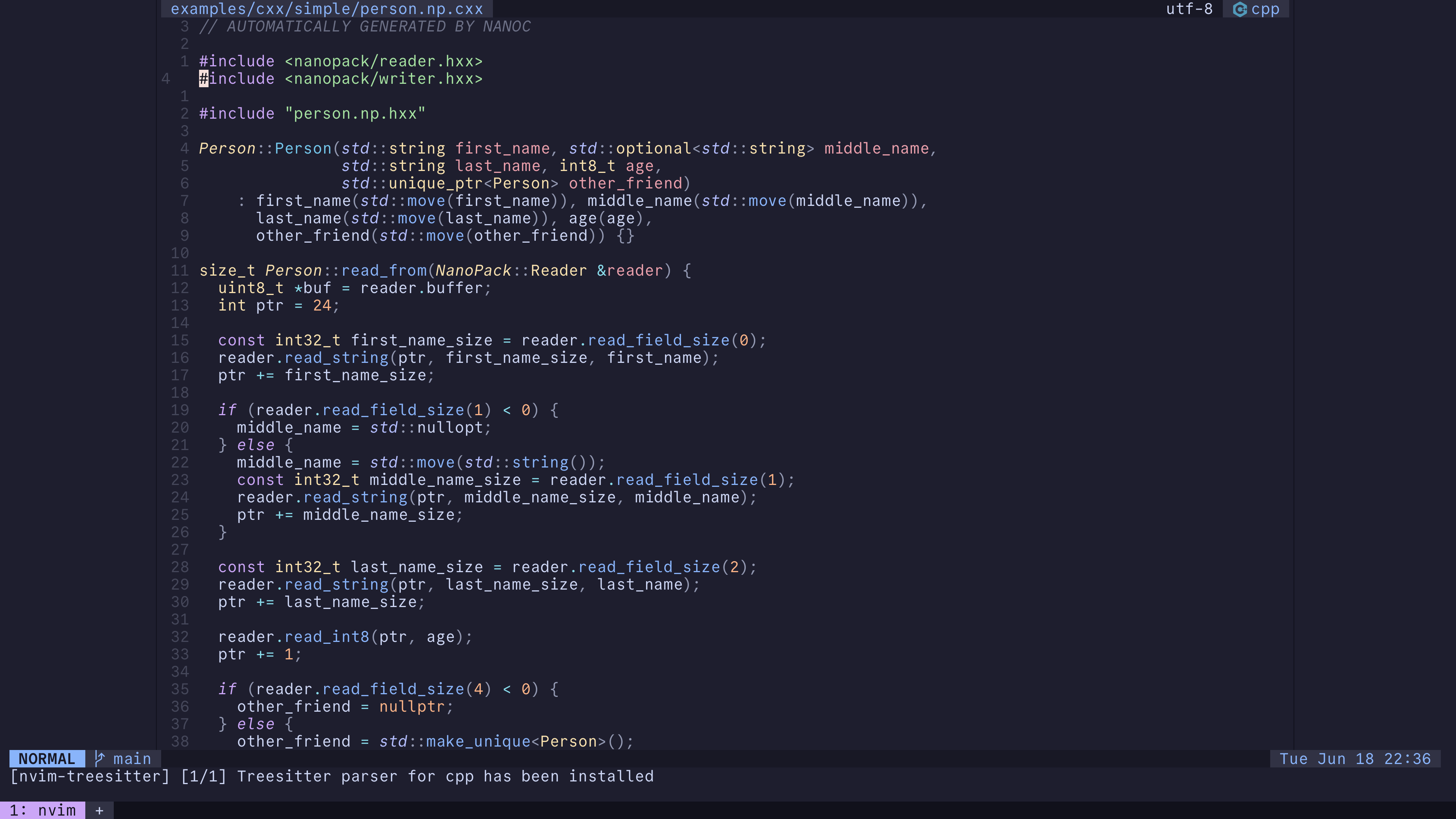 screenshot of my neovim with c++ code opened